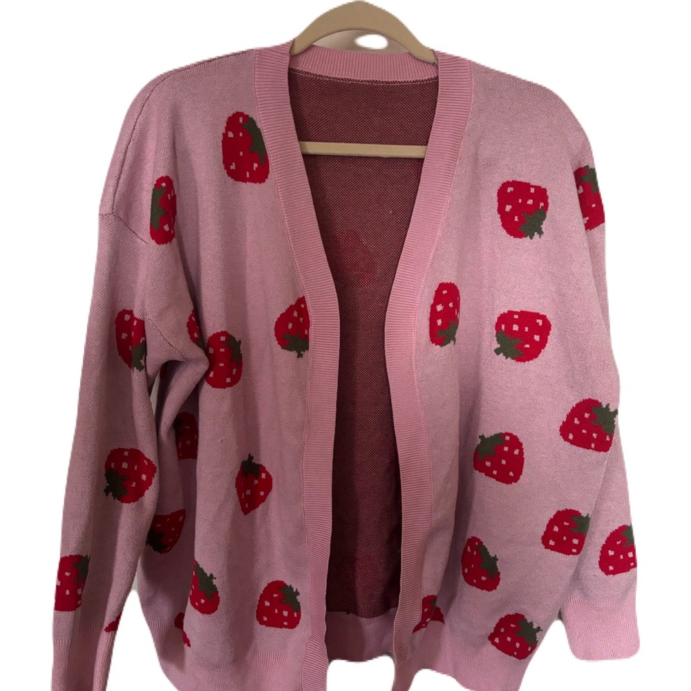 Pink Strawberry Patterned Women's Open Front Cardigan Sweater | Size XL